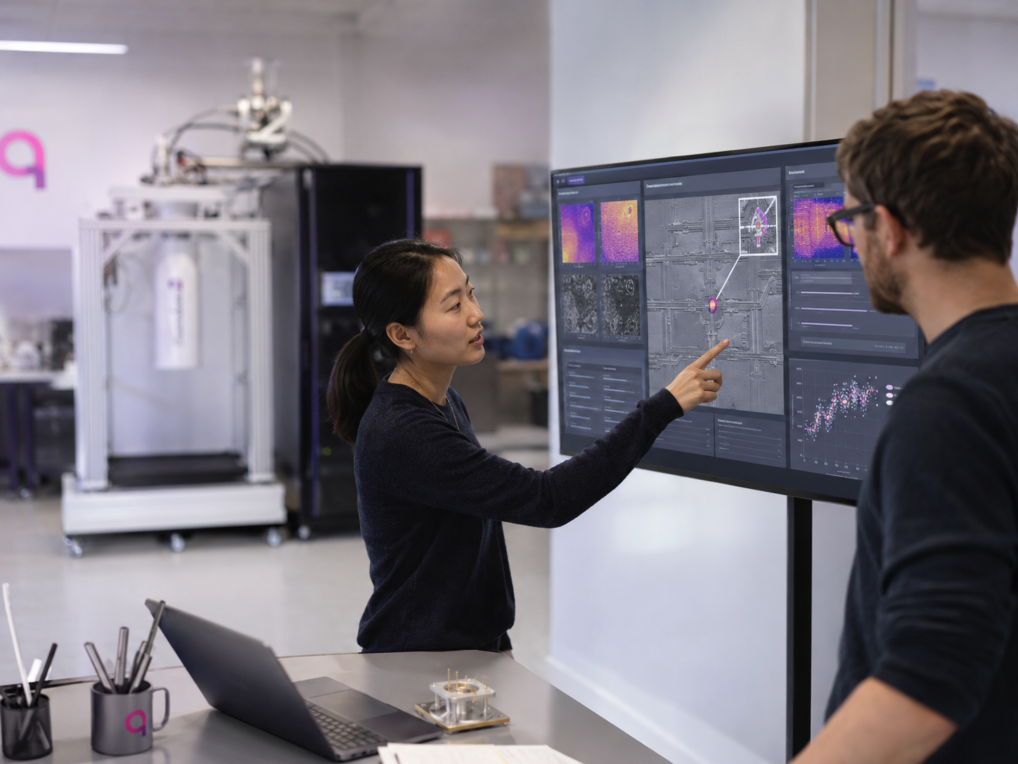 QuantaMap team reviewing scan data on a large display