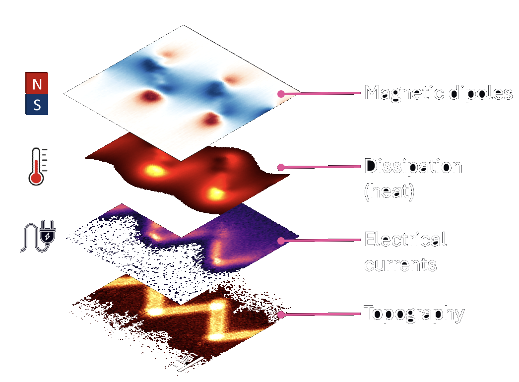 Layered scan maps: magnetic dipoles, dissipation, electrical currents and topography